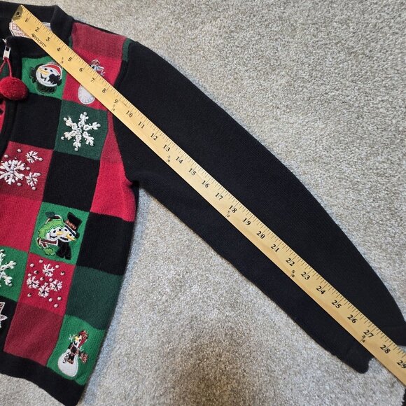 Basic Editions Holiday Patchwork Sweater Full Zip Appliques Embroidered Women M - Picture 7 of 12